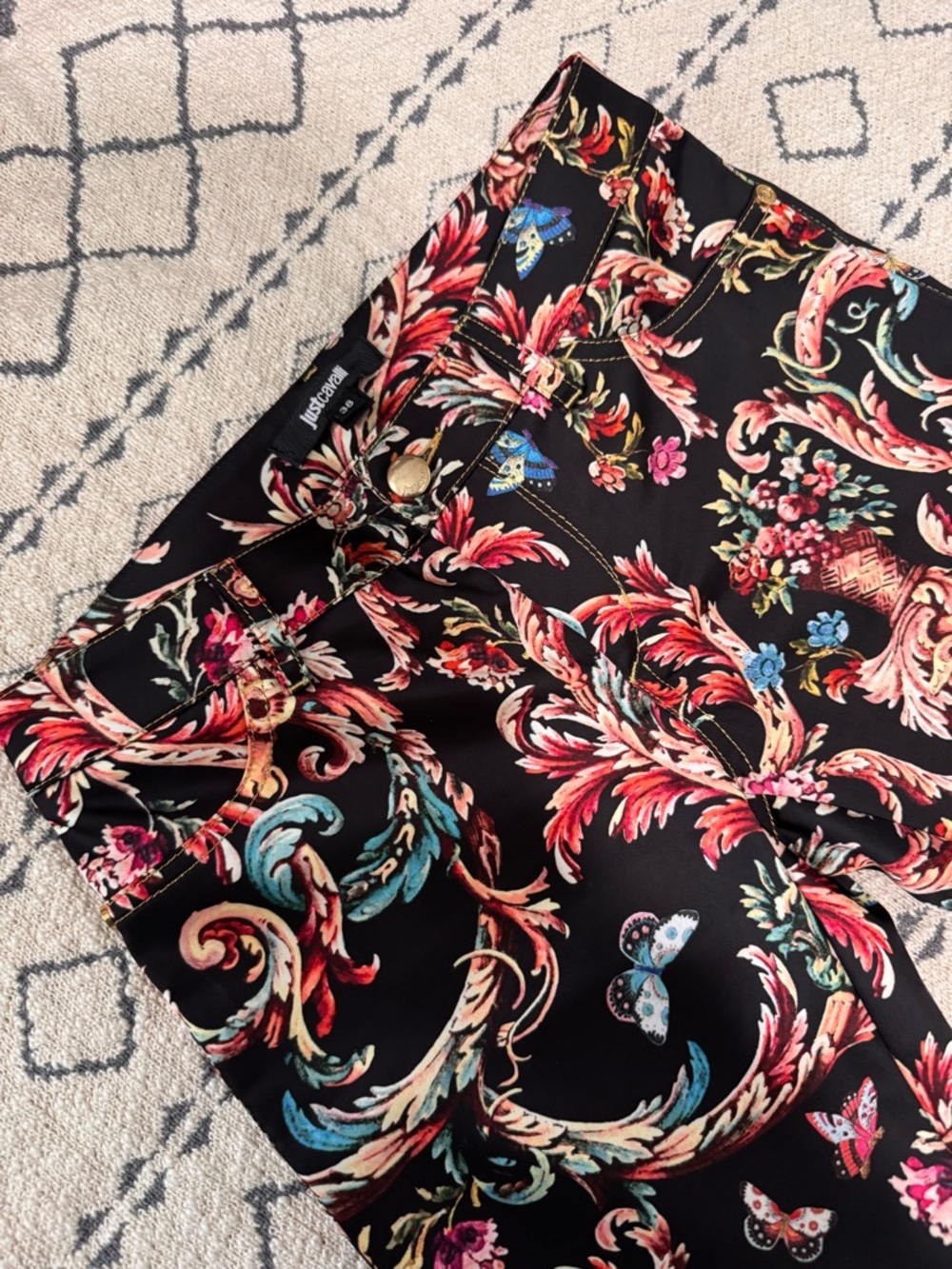 Just Cavalli Black Floral Print Pants with Pink and Gold Accents - Picture 3 of 5